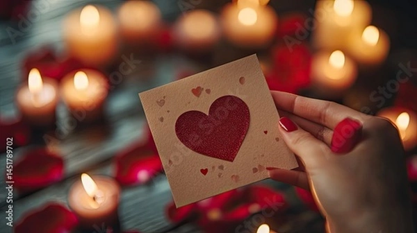 Fototapeta Romantic Valentine's Day Card Held by Hand in Candlelit Setting, Roses