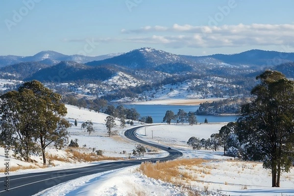 Obraz A Highway Passing Through a Snowy Mountain Landscape