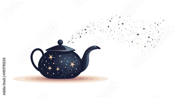 Fototapeta digital illustration depicts a deep blue teapot dotted with glittering gold stars reminiscent of the night sky. The teapot is rendered in a smooth, slightly glossy style with subtle details.