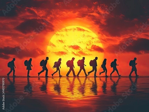 Fototapeta Silhouettes of Diverse People Walking Towards a Bright Sunset in Harmony Showing Friendship and Togetherness in a Motivational Journey Concept