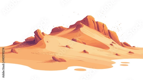 Obraz A stylized digital illustration of a desert landscape dominated by a giant, gently sloping sand dune. The dune has a smooth, almost painterly texture and uses warm tones.
