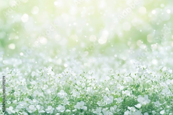 Fototapeta Soft-focus image of a field of tiny white flowers.  Sunlight filters through, creating a bokeh effect