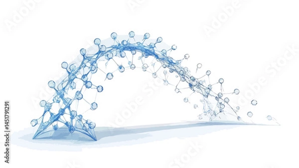 Obraz digitally rendered 3D illustration depicts a stylized arc of water, composed of numerous interconnected water droplets. The droplets appear with varying degrees of transparency, creating a gradient.