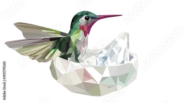 Obraz This digital illustration shows a hummingbird rendered in a striking low-polygonal style. Depicted in vivid jewel tones of green, pink, and grey, the bird appears to be darting from the sky.