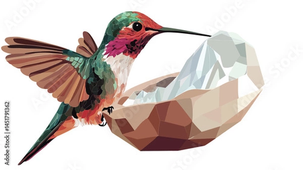 Obraz A stylized digital illustration of a hummingbird in flight, rendered in a low polygonal aesthetic. The hummingbird's feathers are rendered in vivid, saturated colors, showing detailed detail.
