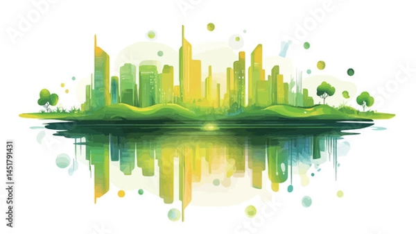 Obraz stylized digital illustration depicting a city skyline blending seamlessly into a lush green landscape. The buildings are rendered in a gradient of yellow and green, suggesting an eco-friendly vibe.