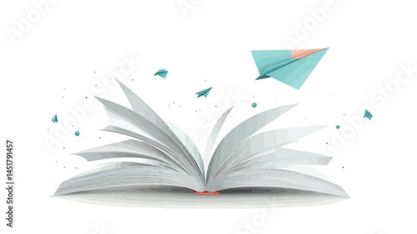 Obraz A high-angle close-up of an open book with blank off-white pages spreading out to create a dynamic upward motion. A light teal paper airplane rendered with a subtle pencil shading effect.