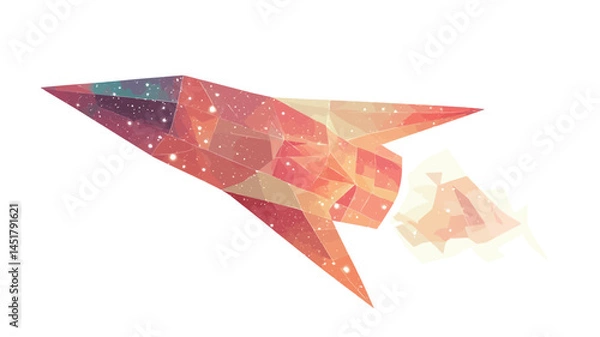 Obraz A stylized illustration of a rocket in flight, rendered in a low-poly geometric style. The rocket is primarily composed of red and orange polygons, giving it a vibrant and textured appearance.