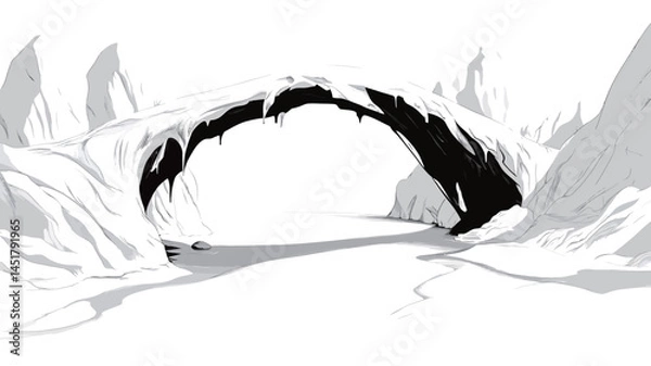 Obraz This work presents a minimalist stylized depiction of a cave entrance. The work is painted in stark black and white, with a striking black arch forming the central focal point against a field.