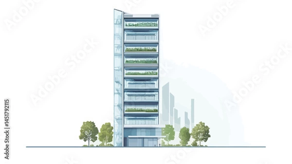 Obraz Digital renderings depict a stylized high-rise building set against a minimalist backdrop, featuring a sleek glass facade punctuated by horizontal bands.