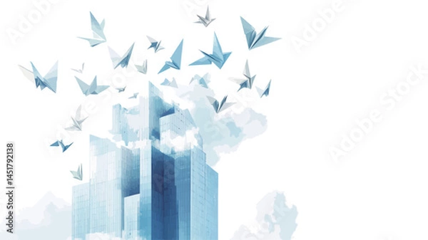 Obraz The work presents a minimalist composition of a flock of light blue and white origami birds flying towards a stylized dark blue skyscraper.