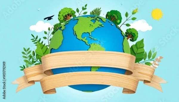 Fototapeta Earth with Trees and Wooden Ribbon in Paper-Cut Style AI generated