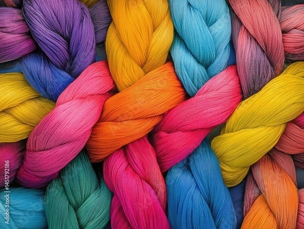Fototapeta Rainbow Braided Threads, A Colorful Textile Tapestry of Interwoven Yarns