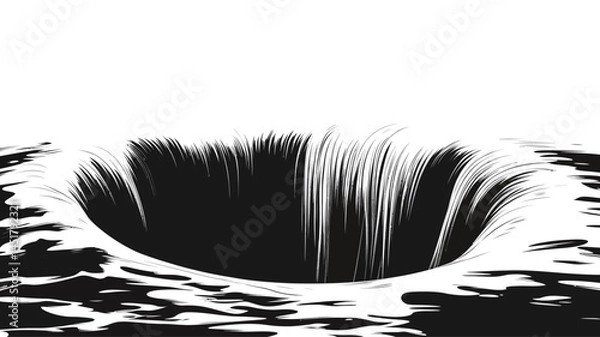 Obraz This high-contrast monochrome illustration depicts a stylized abyss or sinkhole. The image uses stark black and white tones and uses lines of varying densities to create a sense of depth.