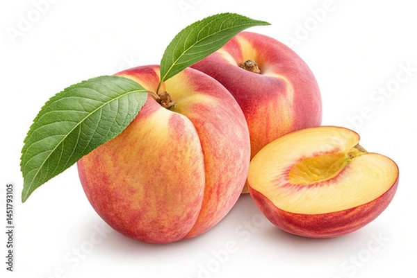 Fototapeta Colorful Peach Fruit with Leaf isolated on white background. A bright and vibrant peach fruit with a leaf isolated on a white background, ideal for fresh or healthy food themes