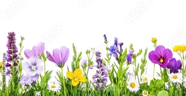 Fototapeta Vibrant wildflowers in various colors, including purple, pink, yellow, and white, arranged in a horizontal row against a plain white background.  Green grass and foliage surround the flowers