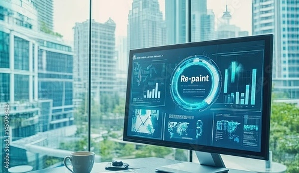 Fototapeta Modern computer screen displaying a data visualization interface with the word Re-paint highlighted.  Cityscape view through window