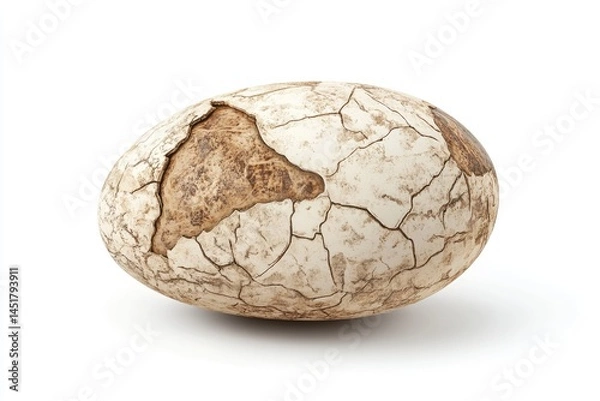 Fototapeta Aged, cracked egg, light beige and brown.  Shell shows extensive cracking and weathering