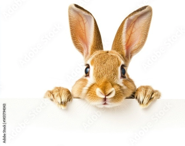 Fototapeta Cute rabbit peeking over blank sign.  Close-up,  light brown fur,  large ears,  curious expression,  isolated on white