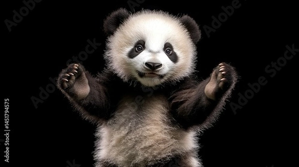 Fototapeta Playful panda cub, paws raised,  against black background.  Close-up,  cute expression