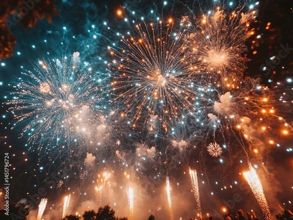 Fototapeta Vibrant memorial day fireworks explode against the dark night sky creating a dazzling display of light and color