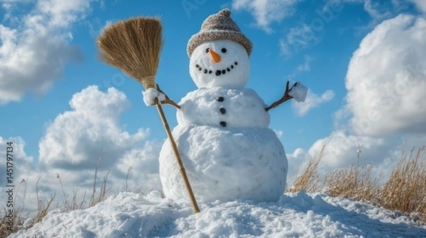Fototapeta Snowman with broom under a vibrant blue sky