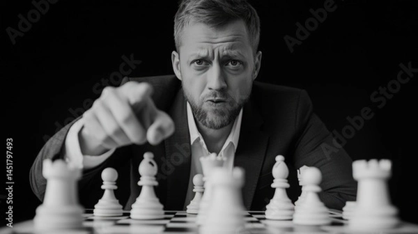 Fototapeta Focused man pointing at chessboard