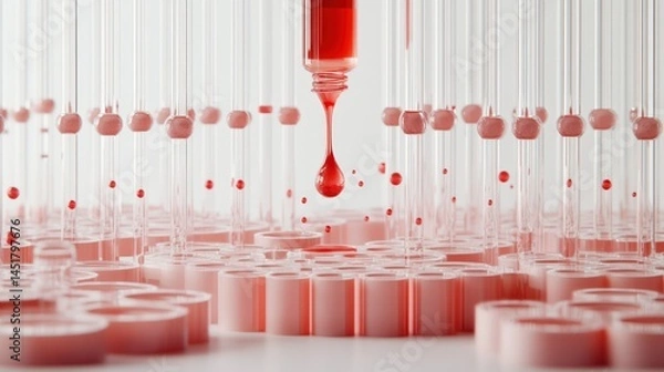 Fototapeta Red liquid drop drips into test tubes