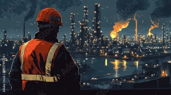 Fototapeta Worker at night overlooking a large industrial complex