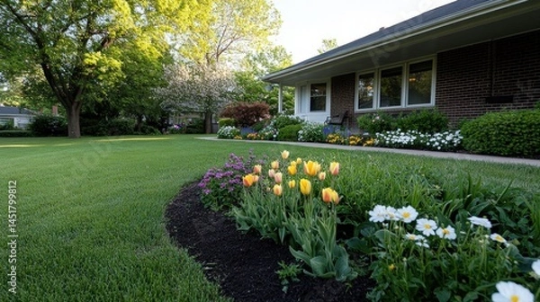 Fototapeta Springtime home landscape with colorful flowers