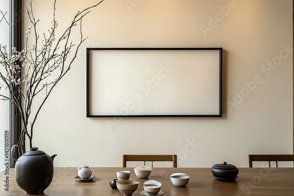 Fototapeta Simple, minimalist, elegant room with a blank framed art piece, and teaware on a wooden table, against a beige wall.  A small branch of flowering plants on a wall shelf