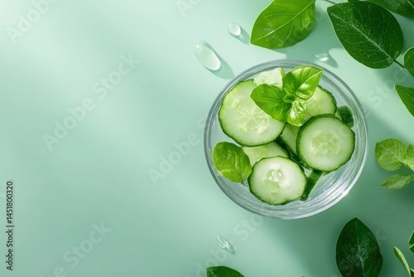 Fototapeta Fresh cucumber slices and basil leaves in a glass bowl