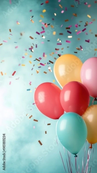 Fototapeta Colorful balloons with confetti against a light teal background. Festive celebration image