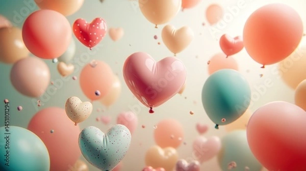 Fototapeta A pastel-colored celebration of floating balloons, hearts, and confetti