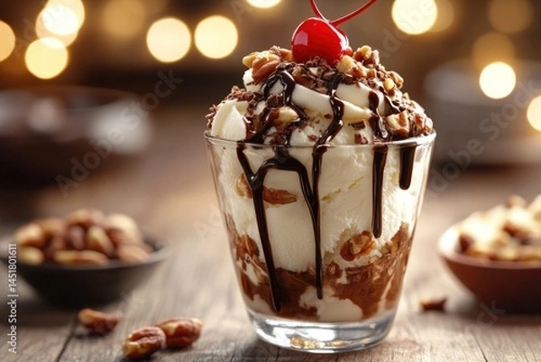 Fototapeta Decadent chocolate ice cream sundae with nuts and cherry