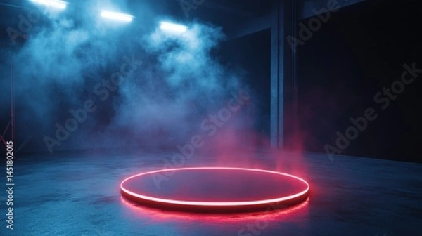 Fototapeta Empty circular platform, neon red glow, dark industrial scene