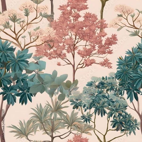 Obraz Seamless botanical illustration of tropical thai trees nature scene vibrant colors artistic design flat view