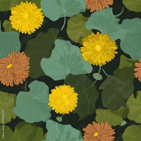 Obraz Seamless flat style bodhi and chrysanthemum leaves design nature setting digital art vibrant environment aesthetic view