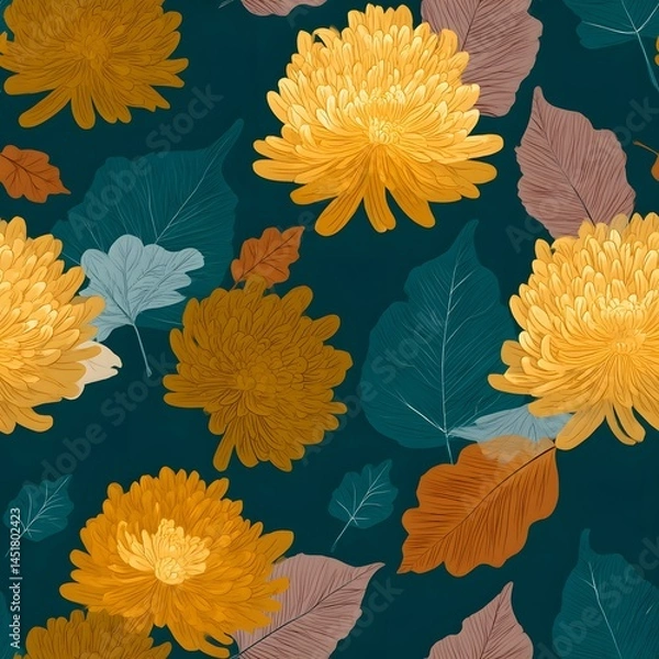 Obraz Seamless chrysanthemum and bodhi leaves pattern nature digital art floral aesthetic viewpoint artistic composition