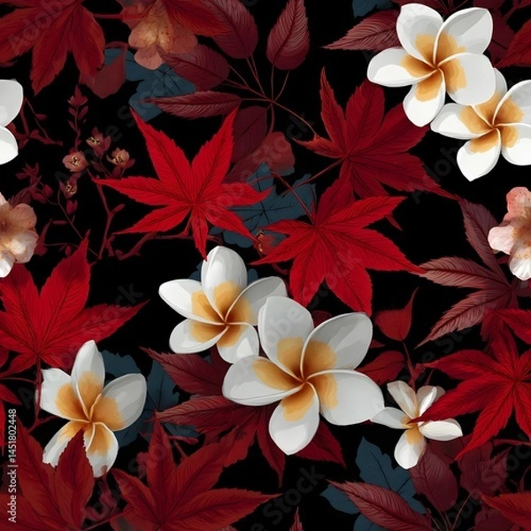 Obraz Seamless fusion of plumeria flowers and red maple leaves thai-japanese design digital art vibrant environment aesthetic view