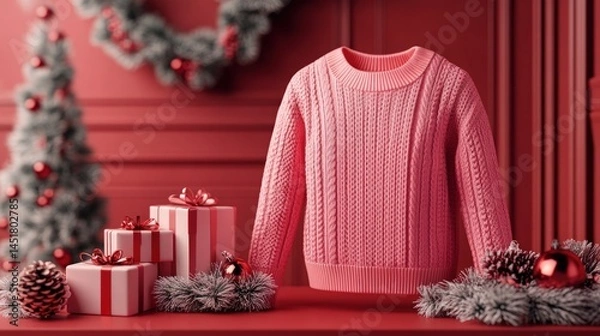 Fototapeta Pink Christmas sweater on a red surface with gifts and decorations