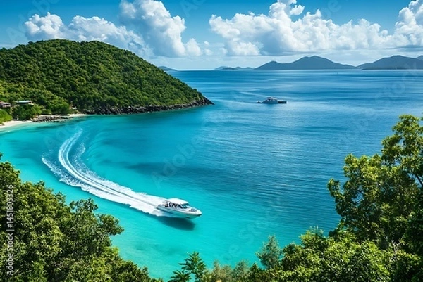 Obraz A Speedboat Cruising Through the Turquoise Water on a Sunny Day