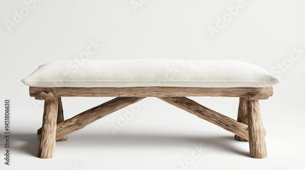 Fototapeta Wooden bench with a white cushion on top. the bench is made of light-colored wood and has a rustic, natural finish. it has four legs that are slightly tapered and have a cross-shaped design.