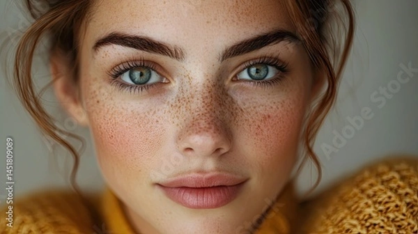 Fototapeta Close up portrait of a woman with freckles and blue eyes wearing a yellow sweater looking at camera