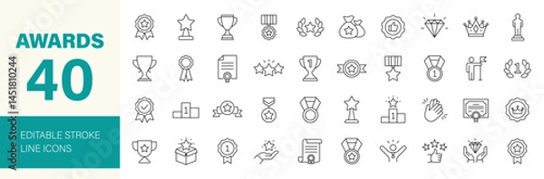Fototapeta Awards icon set. Containing trophy, winner, medal, winner prize, success, best, reward, champion, star, certificate, badge and more. Editable line icons. Vector illustration.