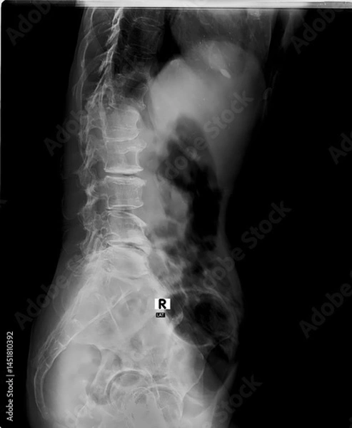 Fototapeta A black and white x-ray of a person's back and pelvis. The image is of a person's spine and pelvis