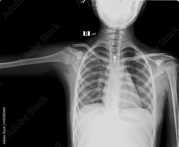 Fototapeta A black and white X-ray of a person's chest with a small object in the middle