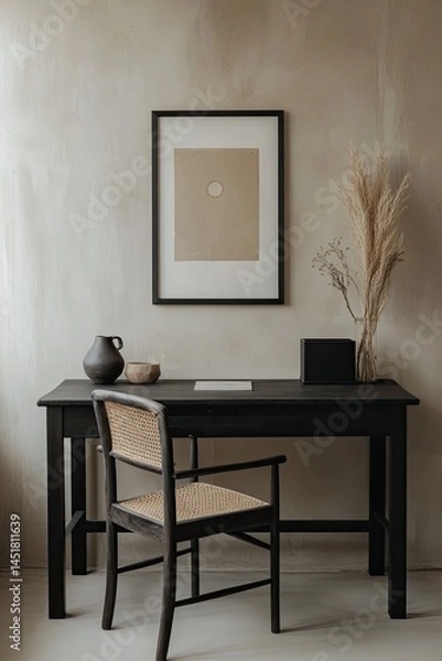 Fototapeta Minimalist workspace with a neutral color palette. A black wooden desk, chair with cane back, and a framed print on a beige wall. Dried pampas grass in a vase on the desk adds a touch of texture