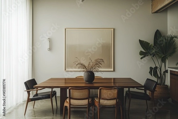 Fototapeta Modern dining room with a large neutral artwork and natural elements.  Wooden table, dark chairs, light walls and a large plant