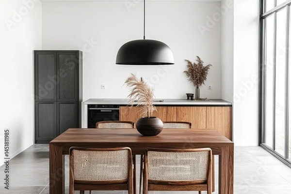 Fototapeta Modern minimalist kitchen with wooden cabinets and a dining table.  Neutral color palette.  Natural light floods the space